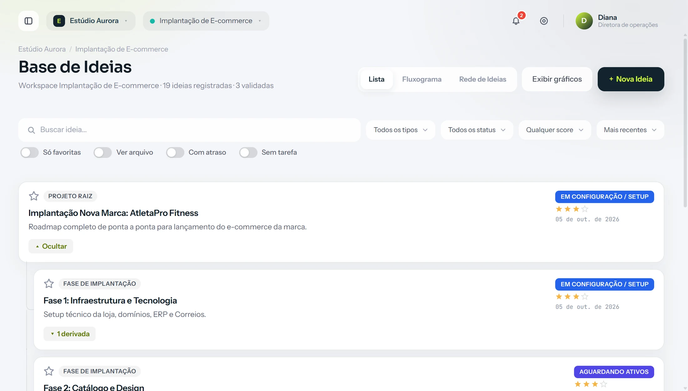 Na Base de Ideias do creativeGEN, o projeto da loja AtletaPro se abre em fases, a fase de catálogo se abre nas suas partes e a sessão de fotos abre no painel da ideia